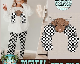 Highland Cow Western Design, Checkered Pattern PNG (Digital Download)
