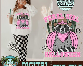 Ragazza selvaggia Halloween Procione PNG, Design occidentale (download digitale)