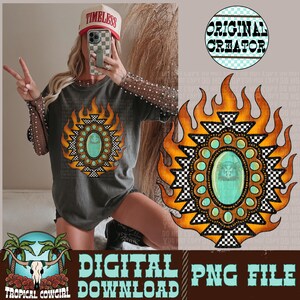 May include: A dark gray t-shirt featuring a turquoise and gold design with a flame-like border and a checkered pattern. The text "DIGITAL PNG FILE DOWNLOAD" is visible at the bottom. The word "TIMELESS" is on a hat.