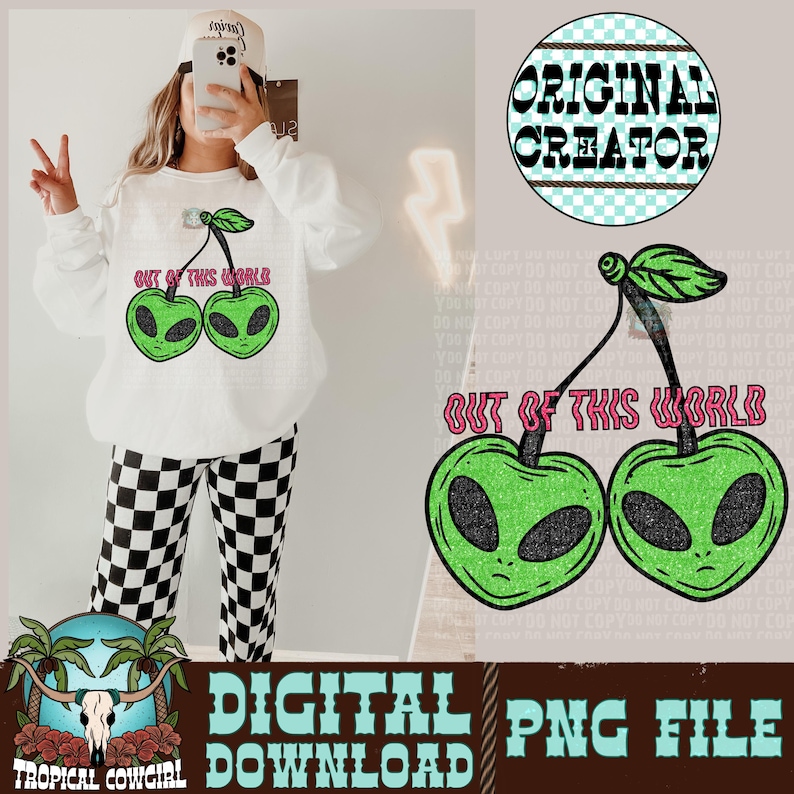 Alien Cherries PNG, Glitter Design, Sublimation (Instant Download) image 1