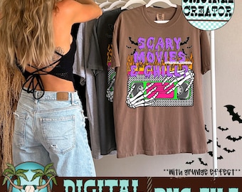 May include: A brown t-shirt with the text "SCARY MOVIES & CHILL" in purple and yellow, featuring a skeleton hand holding a VHS tape. The shirt is part of a digital PNG file download.
