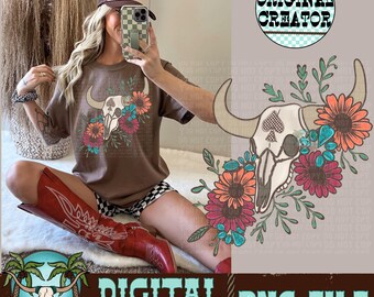 Turquoise Bull Skull PNG, Western Shirt Design (Digital Download)