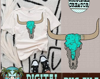 Turquoise Bull Skull PNG, Western Cowgirl Design (Instant Download)