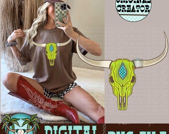 Türkis Bull Skull PNG, Western Cowgirl Sublimation (Instant Download)