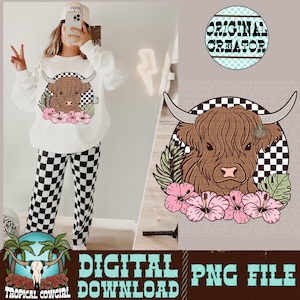 Highland Cow PNG, Western Shirt Design, Highland Cow Design, Cowgirl png, Western png, Cow png, Western Jewelry png, checkered pattern png
