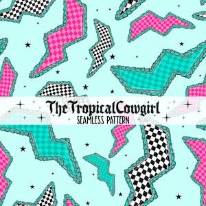 May include: A seamless pattern featuring turquoise, pink, and black and white checkered lightning bolts on a light blue background. The pattern also includes small white stars. The text "The Tropical Cowgirl Seamless Pattern" is at the top of the image.