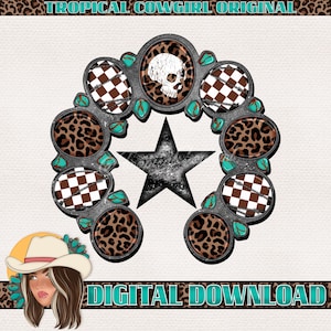 May include: Digital download graphic featuring a star and a horseshoe-shaped design with a skull, leopard print, and checkered patterns. The text "TROPICAL COWGIRL ORIGINAL" and "DIGITAL DOWNLOAD" are included.