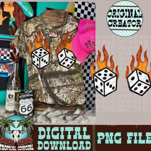 Flaming Dice Pair PNG, Western Shirt Design (Digital Download)