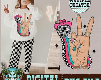 Tropical Cowgirl Peace Hand PNG, Disco Cowgirl Hat, Western Sublimation Design, Digital Download