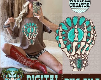 Västerländsk skeletthand PNG, cowgirl-skjortdesign (digital nedladdning)
