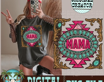Western Mama PNG, Aztec Turquoise Design (Instant Download)