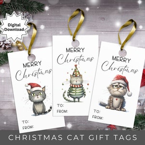 Printable Cute Christmas Cat Gift Tags | Set of 10 | Cat Lover Xmas Labels | Digital Download | KC015
