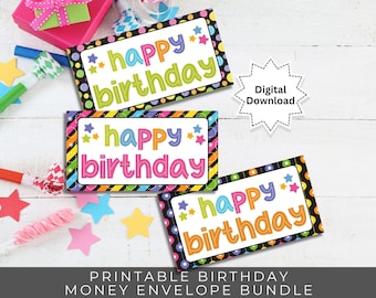 Sobre de dinero para cumpleaños imprimible en brillantes colores del arcoíris. Juego de 3 sobres de regalo divertidos y coloridos para cumpleaños.