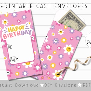 印刷可能な誕生日用お金封筒 | レトロなスマイリーフェイス | 現金ギフト封筒 | インスタント PDF ダウンロード | 女の子向け