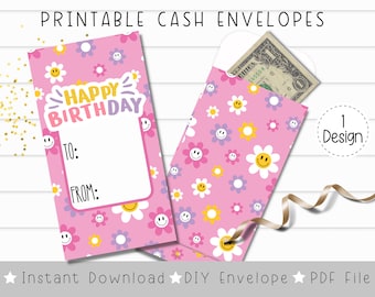 Sobre de dinero de cumpleaños imprimible / Cara sonriente retro / Sobre de regalo en efectivo / Descarga instantánea de PDF / Para niñas
