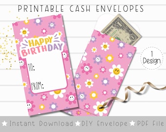 Printable Birthday Money Envelope | Retro Smiley Face | Cash Gift Envelope | Instant PDF Download | For Girls