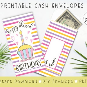 Sobre de dinero de cumpleaños imprimible / Cupcake y rayas / Sobre de regalo en efectivo / PDF de descarga instantánea / Para niñas