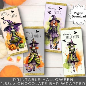 Halloween Chocolate Bar Wrapper Printable | 4 Cute Witch designs | Halloween Party Favour | Instant PDF Download