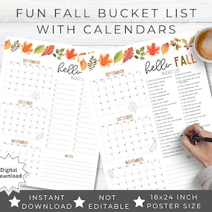 Könnte beinhalten: Druckbarer Herbst-Eimerliste mit Kalendern für September, Oktober und November. Der Druckbare verfügt über ein Aquarelldesign mit Herbstblättern und dem Text "hello fall". Der Druckbare ist 18x24 Zoll groß.