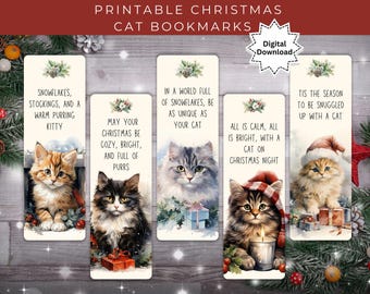 May include: Printable Christmas cat bookmarks featuring watercolor illustrations of adorable kittens. Each bookmark has a festive quote, such as "Snowflakes, stockings, and a warm purring kitty." The digital download includes five unique designs.