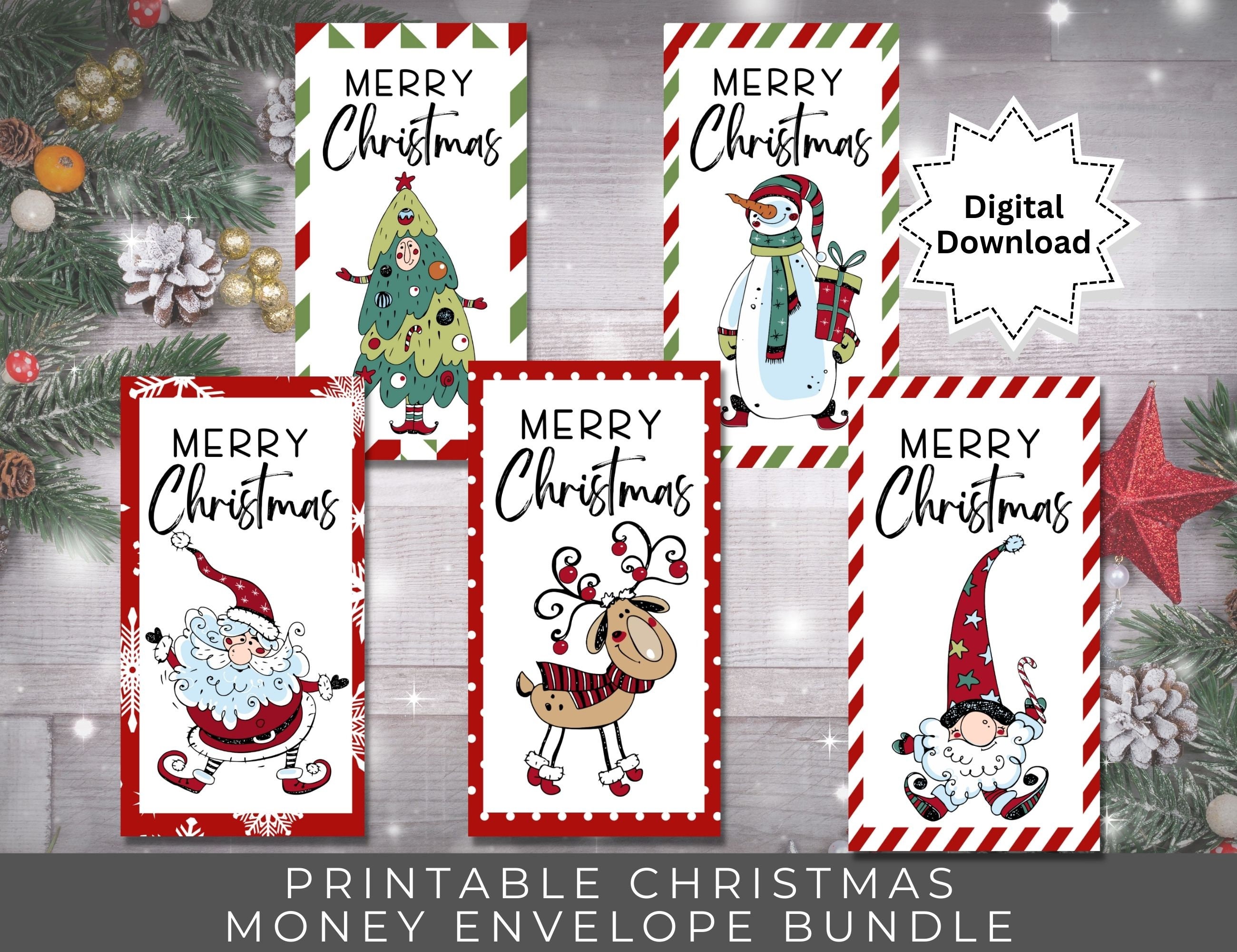 Printable Christmas Money Envelope Bundle Set Of 5 Fun Xmas Designs