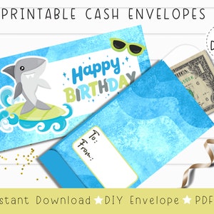 印刷可能な誕生日用マネー封筒 | サメのデザイン | 現金ギフト封筒 | インスタント PDF ダウンロード