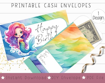 Printable Birthday Money Envelope | Rainbow Mermaid Design | Cash Gift Envelope | Instant PDF Download