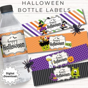 Étiquettes imprimables pour bouteilles d'eau Halloween | Lot de 4 | Décoration de fête d'Halloween mignonne | Téléchargement numérique