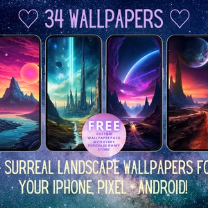 Puede incluir: Imagen digital que muestra cuatro pantallas de teléfono con fondos de pantalla de paisajes surrealistas. El texto dice "34 WALLPAPERS" y "34 SURREAL LANDSCAPE WALLPAPERS FOR YOUR IPHONE, PIXEL + ANDROID!". Se ofrece un paquete de fondos de pantalla gratis.