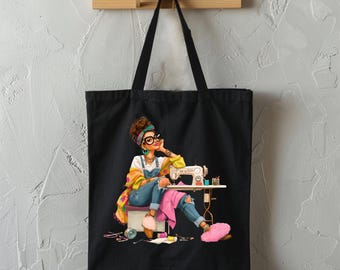 Cozy Sewing Mom Tote Bag | Canvas Shopper, Crafting Illustration