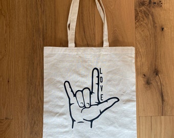 Sign Language tote bag, BSL/ASL I love you, Love