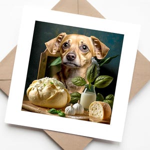 Teckel worst hond diner stilleven kunst kaart - worstje aan restauranttafel met brood en olijven - handgemaakte wenskaart
