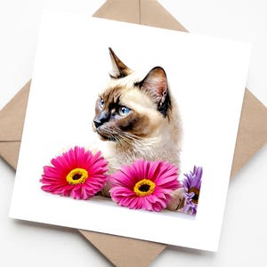 Carte d'art floral aquarelle chat balinais / siamois - carte de voeux faite main avec des fleurs de gerbera roses, pour les amoureux des chats et les fans d'art nature