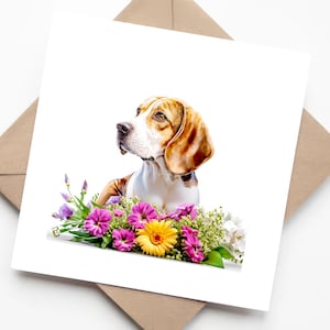 Portrait de chien chiot Beagle en fleurs - Carte de voeux d'anniversaire vierge faite main pour les amoureux des chiens