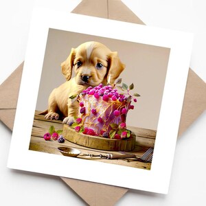 Golden labrador retriever-puppy op roze verjaardagstaart - lieve handgemaakte kaart voor elke gelegenheid