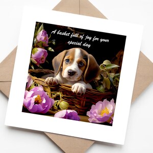 Schattige puppy in mand omringd door roze bloemen – Lieve verjaardagskaart voor hondenliefhebbers