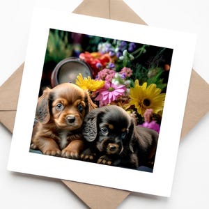 cucciolo di Labrador e Golden Labrador in cornice floreale - biglietto di auguri di compleanno fatto a mano per amanti dei cani, mamme di cani e amanti degli animali domestici