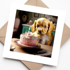 Dibujo animado de un cachorro de labrador dorado con un pastel de cumpleaños rosa y una vela: linda tarjeta de cumpleaños y aniversario para padres de perros