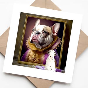 Portrait de bouledogue français en tenue royale - Scène de la galerie avec un chiot qui lève les yeux - Carte de voeux faite main