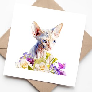 Carte d'art aquarelle chat Sphynx - carte de voeux vierge faite main avec illustration pastel pour les amoureux des chats