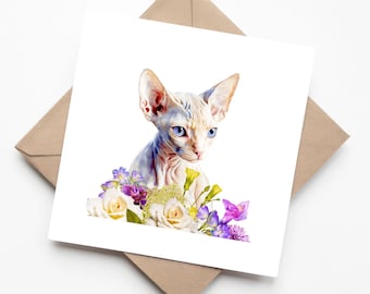 Carte d'art aquarelle chat Sphynx - carte de voeux vierge faite main avec illustration pastel pour les amoureux des chats