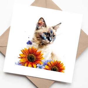 Carte d'art floral aquarelle chat birman - carte de voeux vierge faite main avec tournesols oranges, pour les amoureux des chats et les amateurs d'art animalier