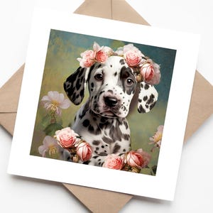 Portrait de chiot dalmatien avec fleurs roses - Carte de voeux d'amour, carte vierge faite main pour les amoureux des chiens et les parents d'animaux de compagnie