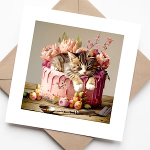 Joli chat tigré endormi sur un gâteau rose avec des fleurs pastel - carte d'anniversaire pour les amoureux des chats
