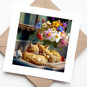 Deux chats roux dormant dans un évier de cuisine avec un décor floral - Carte de voeux d'anniversaire vierge faite main amusante pour les amoureux des chats