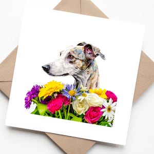 Portrait de chien whippet avec aquarelle florale - carte de voeux vierge faite main pour les amoureux des chiens