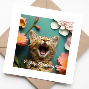 Carte de joyeux anniversaire avec un chat mignon - Carte de voeux florale drôle pour amoureux des chats faite main
