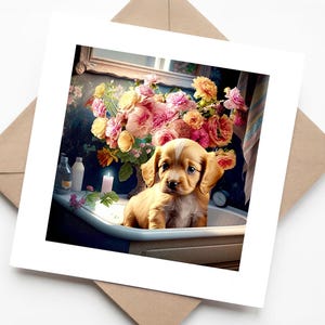L'heure du bain ! Joli chiot labrador dans un évier floral vintage - Carte de voeux drôle de chien fait main pour les amoureux des chiens