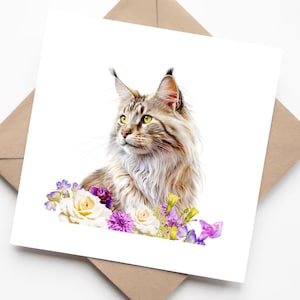 Effet aquarelle chat maine coon argenté - Carte de voeux vierge faite main aux couleurs pastel, style illustration dessinée à la main, pour les amoureux des chats