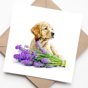 Retrato em aquarela de um Labrador Retriever dourado – Cartão de aniversário feito à mão com flores roxas